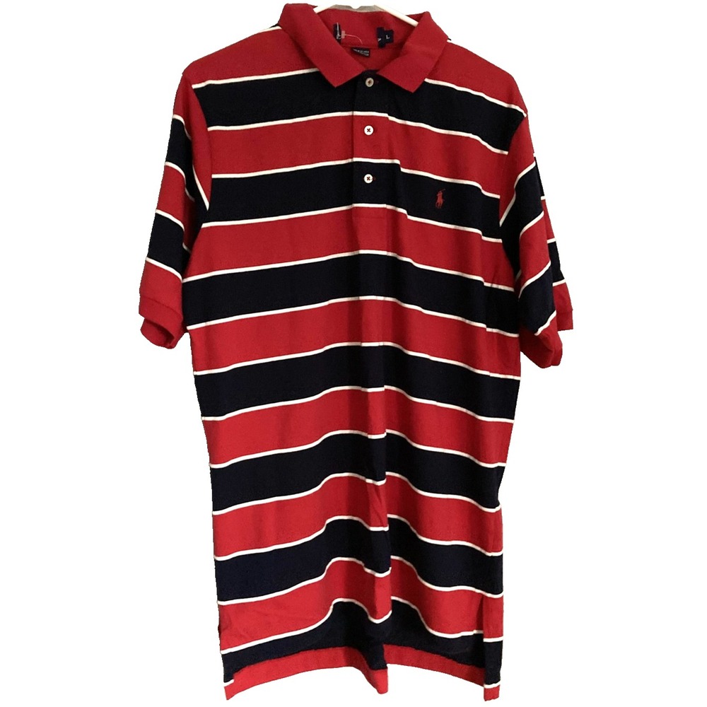Polo Ralph Lauren Shirt Mens Large Red Navy Striped Short Sleeve Pony Logo EUC